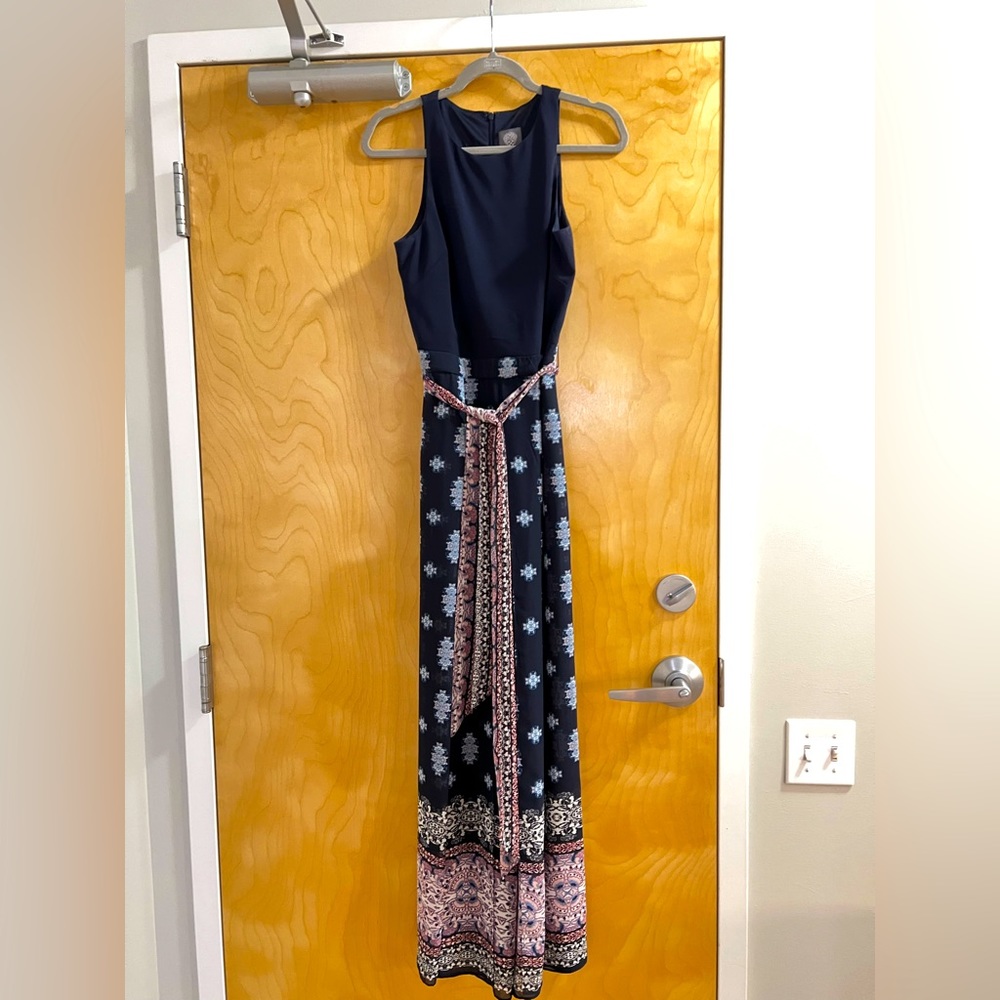 Navy top, Chiffon printed Pant jumpsuit! Pretty, flowy super flattering.